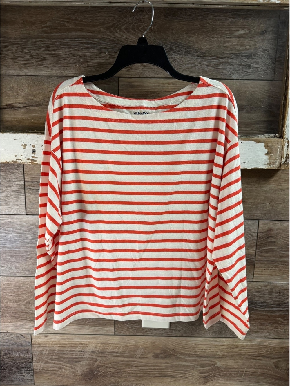 Old Navy XL Red Cream Striped Mariner Shirt Long Sleeve Cotton Boat Neck Coastal